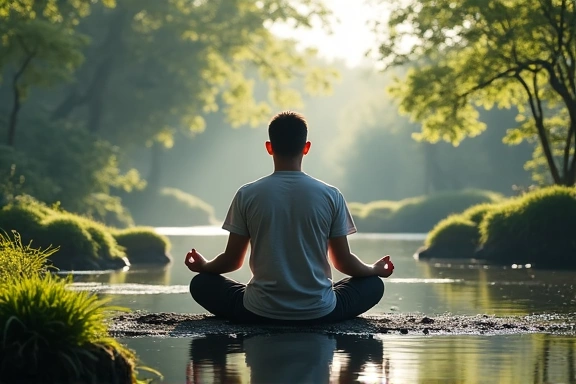 Seorang pria bermeditasi dengan tenang di taman zen, melambangkan manajemen stres.