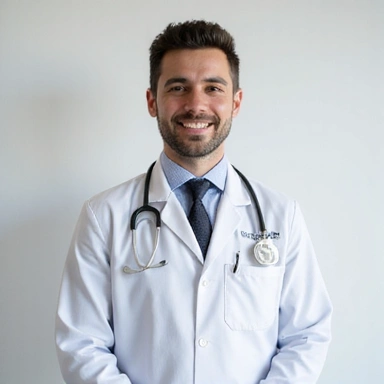 Potret seorang dokter pria yang ramah dan profesional.