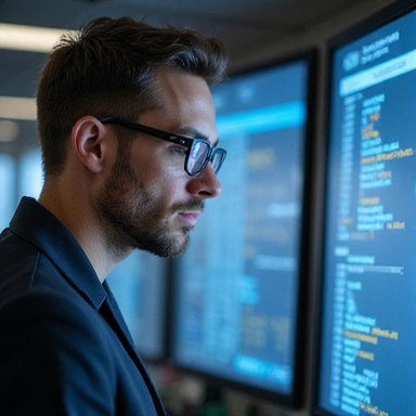 Potret seorang peneliti dengan kacamata, melihat data di layar.